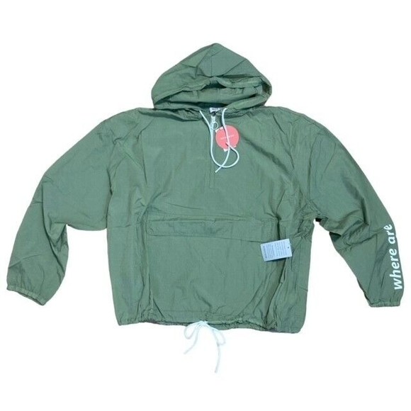 WAYF ’98 Johnny Popover Windbreaker With Front Pocket in Dusty Olive 1X NWT - Picture 2 of 8